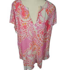 Lilly Pulitzer Large Linen Blouse Colorful V-Neckline Short Sleeves Lightweight